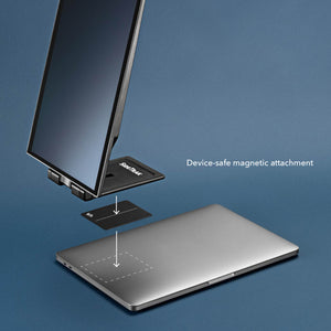 13.3" Single | Swivel Pro | SideTrak | Monitor Portable | A laptop laying on a blue background. There is a floating metal plate heading towards to attach onto the laptop. There is a Swivel Pro floating above the metal plate ready to be attached. 