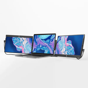 12.5" | Swivel | Triple | SideTrack | Triple Monitor Laptop | a triple screen set up with two Swivel 12.5 monitors attached to either side of a laptop sitting on a table 
