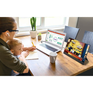 15.8 | HD | Solo Pro | Side Track | Portable Monitor for laptop | woman with child sitting on lap working on a powerpoint while child watches a movie on the connected Solo HD 15.8 monitor