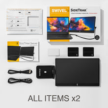 14" | Swivel | Triple | SideTrack | Triple Monitor Laptop | what's in the box all the components that come in the box mounting guide user manual hdmi cord usb cord two metal plates and Swivel monitor