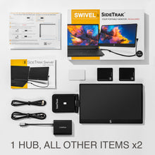 14" | Swivel | Sidetrak | Triple | Hub | Multi Monitor Setup | what's in the box all the components that come in the box mounting guide user manual hdmi cord usb cord two metal plates and Swivel monitor