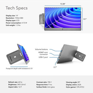 14" Dark Gray | Swivel | SideTrak | Monitor Portable | tech specs of swivel 14