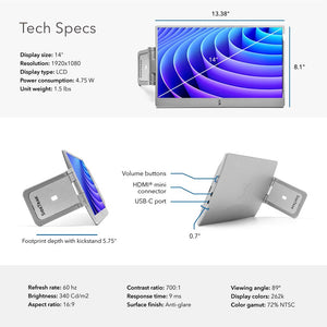 14" Silver | Swivel | SideTrak | Monitor Portable | tech specs of swivel 14