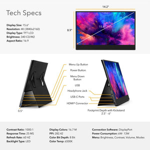 15.6 | 4K | Solo | Side Track | 4K Monitors | Description of all the technical specs for Solo 4K monitor