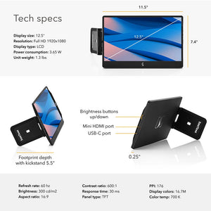12.5" Black | Swivel | Sidetrak | Monitor Portable | Tech specs of the SideTrak Swivel portable monitor 