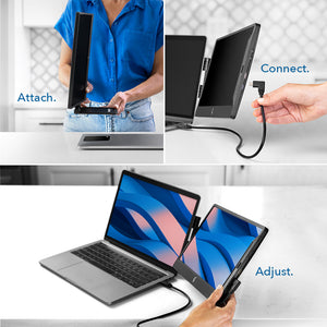 12.5" Black | Swivel | Sidetrak | Monitor Portable | Three tiled image describing how the SideTrak Swivel 12 inch monitor can be attached, connected, and adjusted to your laptop. 