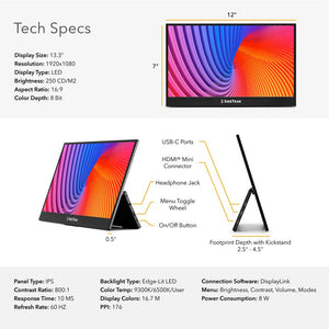 13.3 | Solo Pro | SideTrak | Portable monitor for laptop 13 inch | Technical specifications of SideTrak Solo Pro 13