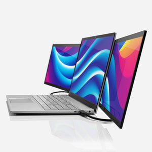 13.3" Triple | Swivel Pro Touch | SideTrak | Monitor Portable | a dual screen set up with a Swivel Pro Touch attached to a laptop. This is a sideview with a white background.