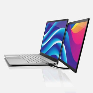 13.3" Single | Swivel Pro Touch | SideTrak | Monitor Portable | a dual screen set up with a Swivel Pro Touch attached to a laptop. This is a sideview with a white background. 