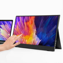 17.3 | HD | Touch | Solo | SideTrak | Touch Screen Monitor | a dual screen set up with a Solo Touch HD 17.3 monitor attached via cord to the right side of a laptop sitting on a table with a hand touching the right screen