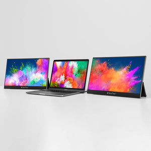 HD | 15.8 Inch | Triple | Solo Pro | SideTrak | Triple Screen Laptop | Sidetrak solo Pro triple screen monitor set up on a gray background