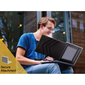 Black | Slide | SideTrak | extended screen for laptop | man sitting outside with laptop and extended screen for laptop