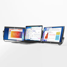 12.5" | Swivel | Triple | SideTrack | Triple Monitor Laptop | a triple screen set up with two Swivel 12.5 monitors attached to either side of a laptop sitting on a table with documents opened on all three screens