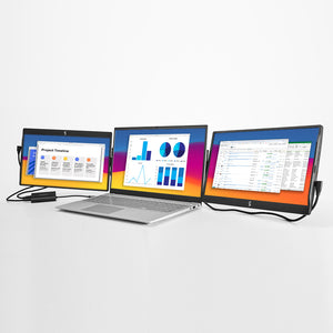 14" | Swivel | Sidetrak | Triple | Hub | Multi Monitor Setup | 14 swivel triple monitor with hub on a table with work screens