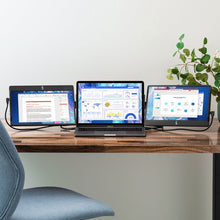 12.5" | Swivel | Triple | SideTrack | Triple Monitor Laptop | triple screen monitor setup on desk with work documents displayed across all three monitors