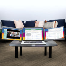 14" | Swivel | Triple | Side trak | Triple Monitor Laptop | sidetrak triple monitor laptop on a table in a living room with work screens