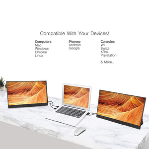 HD | 15.8 Inch | Triple | Solo Pro | SideTrak | Triple Screen Laptop | sidetrak solo pro triple screen monitor set up on a marble desk