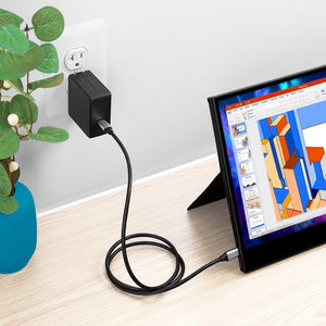 Wall Power Cord | SideTrak | Usb-c Power Adapter | Sidetrak USB-C power cord adapter plugged into the wall and a portable monitor