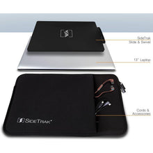 13x9 | sidetrack | protective case with sleeve | portable monitor case | portable monitor case with pocket on table with cords inside pocket next to laptop showing dimensions