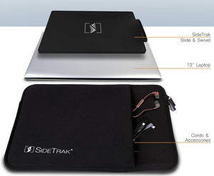 14x10 | sidetrack | protective case with sleeve | portable monitor case | portable monitor case with pocket on table with cords inside pocket next to laptop showing dimensions
