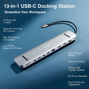 10 Port | Docking Station | SideTrak | 10 Port Docking Station USB-C hub | SideTrak 10-Port 4k USB-C hub sitting on a blue table with information describing the features