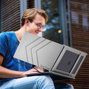 Silver | Slide | SideTrak |  monitor for laptop | man sitting outside working on silver sidetrack slide portable monitor for laptop