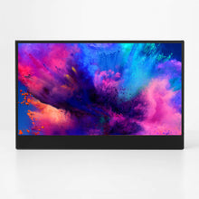 15.6 | 4K | Touch | Solo | Side Trac | front view of Solo 4k touch screen monitor sitting on table with color burst screen saver