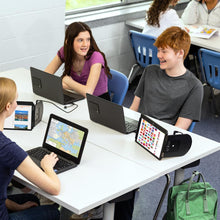 11'' | Swivel Essential | Sidetrak | Monitor Portable | four students collaborating on a project while using their essential portable monitors as a reference. 