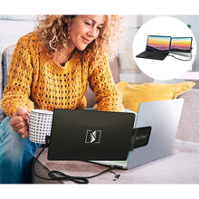 Black | Swivel | SideTrak | SideTrak Metal Plates | Woman Holding Mug Looking at her Laptop and SideTrak Swivel