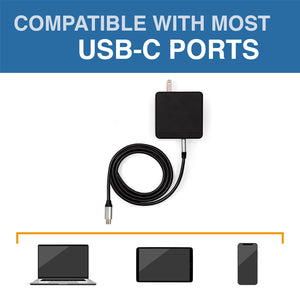 Wall Power Cord | SideTrak | Usb-c Power Adapter | SideTrack USB-C wall power cord with a laptop, tablet, and phone indicating that it can be used on all three types of devices