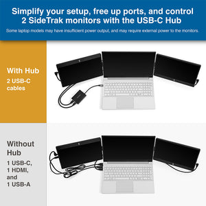 12.5" | Swivel | Sidetrak | Triple | Hub | Multi Monitor Setup | 12.5 swivel triple monitor comparison showing with and without hub usage