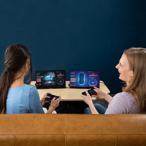 15.6 | Touch | HD | Solo Pro | Sidetrak | triple monitor for laptop | two women using solo touch screens to play video games