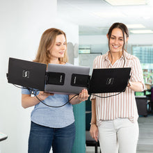 12.5" | Swivel | Triple | SideTrack | Triple Monitor Laptop | two coworkers in an office walking together and looking at a swivel 12 triple screen monitor set up