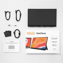 15.6 | HD | Touch | Solo Pro | Side track | Touch Screen Monitor | solo touch pro what's in the box. USB-C cord, USB-A cord, cord adapter, HDMI cord, user manual, and monitor